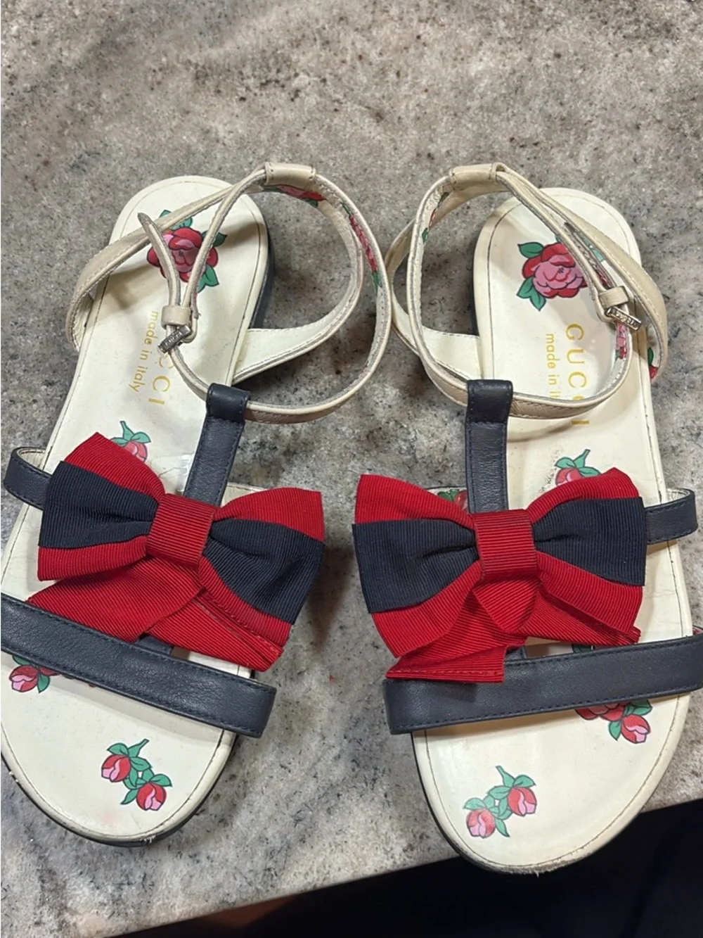 Gucci Kids Navy & Red Bow Floral Strap Sandals